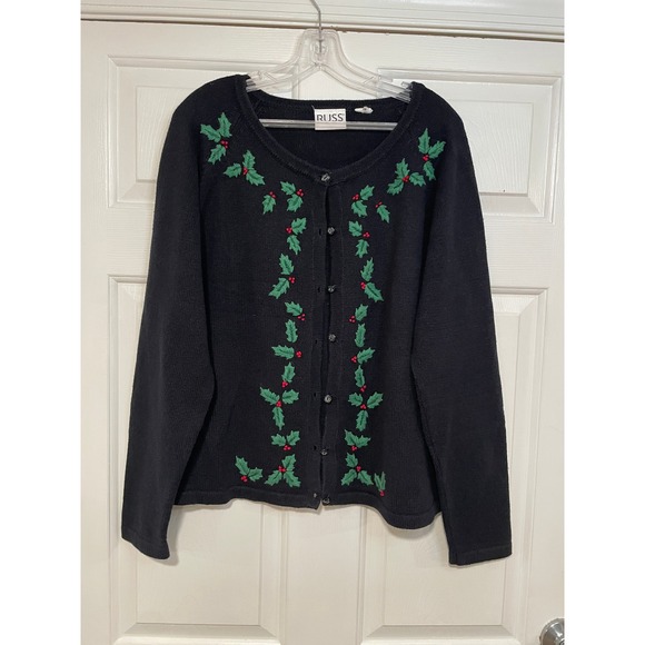 VTG 90s Womens L Embroidered Christmas Cardigan Knit Sweater Holiday Holly Berry - Picture 1 of 5